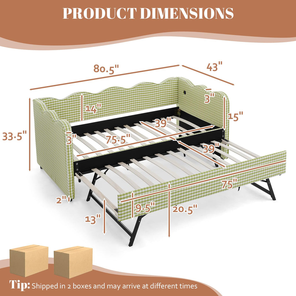 81-inch Twin to King Size Gingham Linen Upholstered Daybed with USB Charging Ports V849