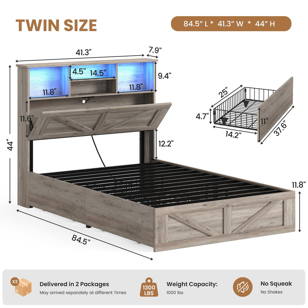 Twin Bed with Bookcase Headboard and 4 Drawers X78937