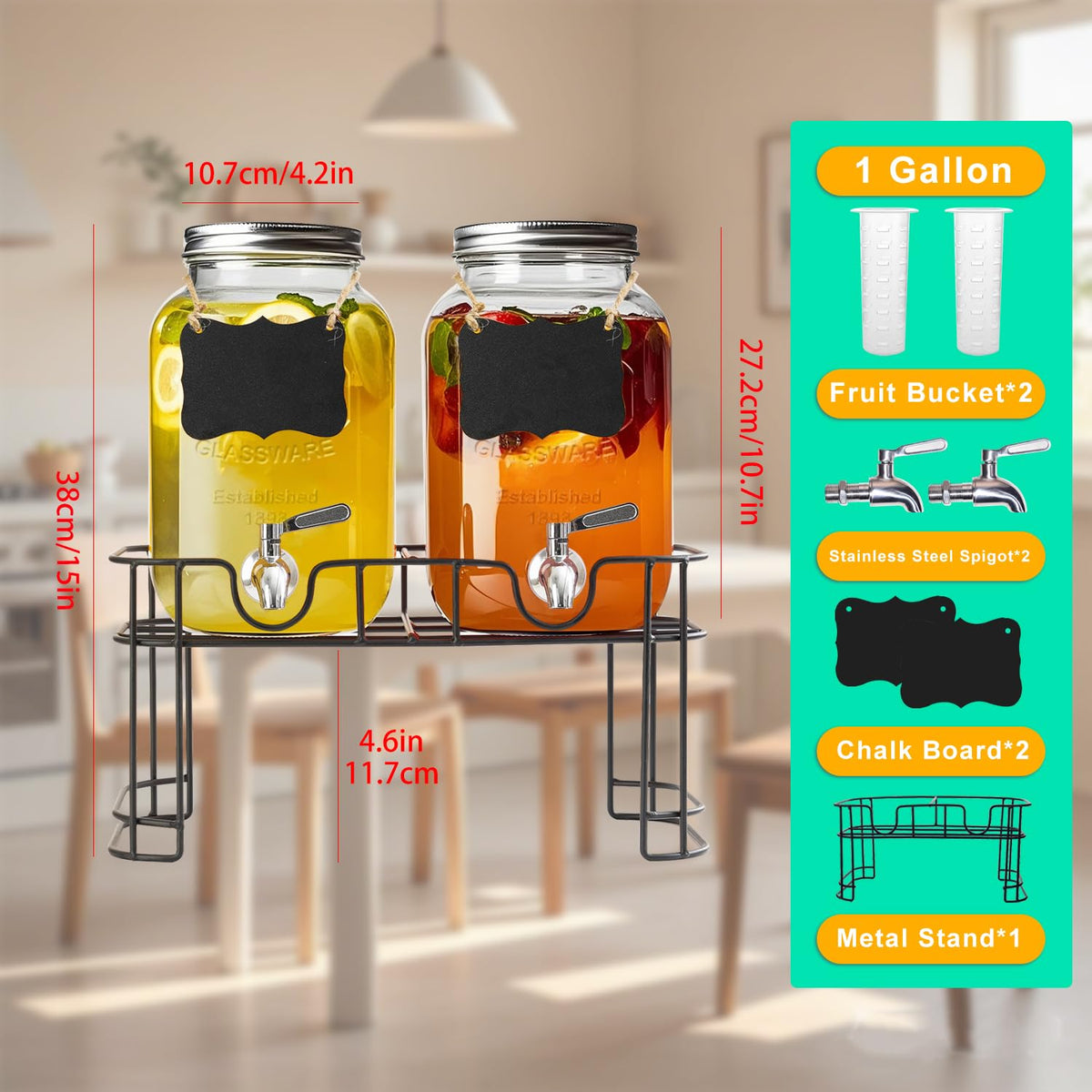 1 Gallon Glass Drink Dispenser with Stand, 2 Pack Beverage Dispenser with Spigot H59180