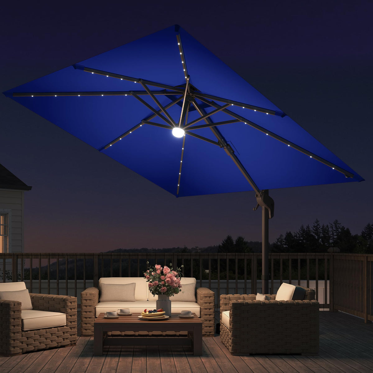 9x9 FT Cantilever Offset Patio Umbrella with Lights & Base T7183