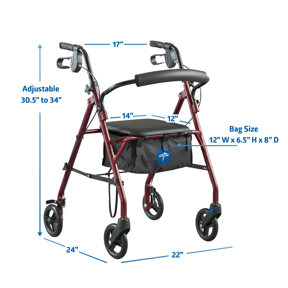 Steel Rollator Walker with Seat, Burgundy, 350 lb. Weight Capacity G74335
