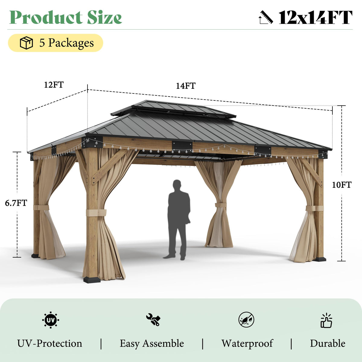 12x14FT Hardtop Gazebo with Double Roof, Privacy Curtain & Netting O743059