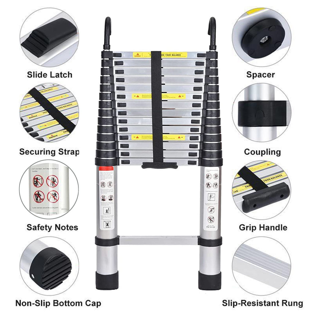 Aluminum Telescoping Ladder with Hooks, 20.3FT One Button Retraction 330lbs Capacity Q906597