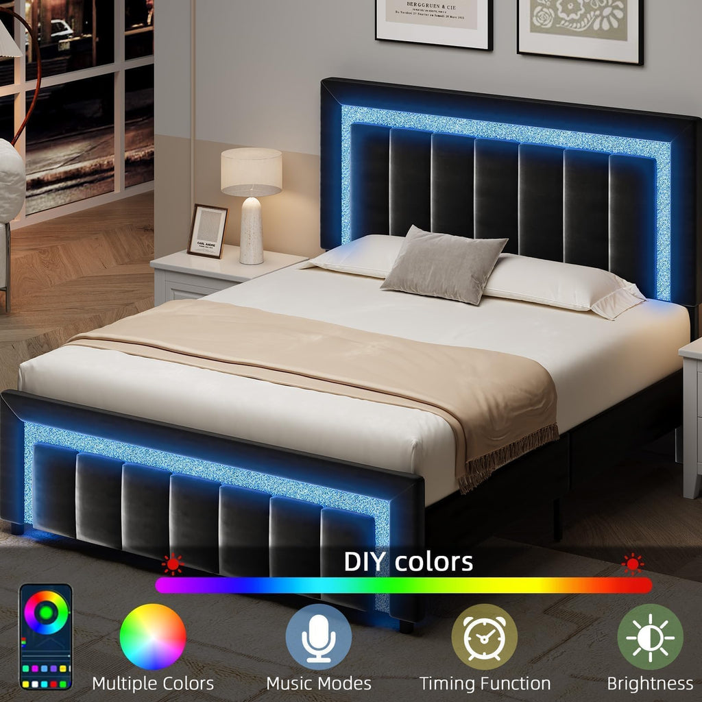 Full Size Velvet Upholstered Bed Frame with LED Lights C532316