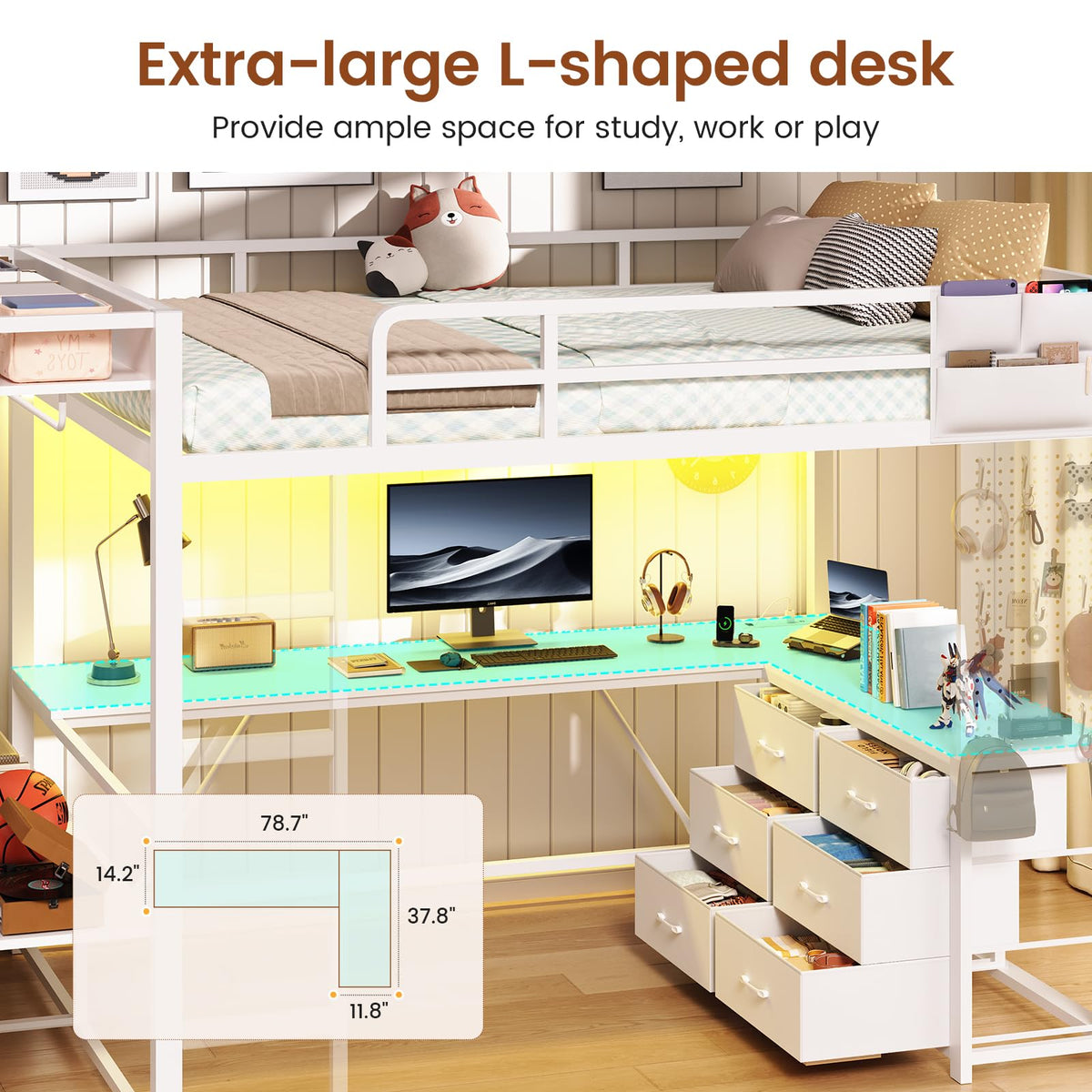 White Twin Loft Bed with L-Shaped Desk and 8 Storage Drawers T83971
