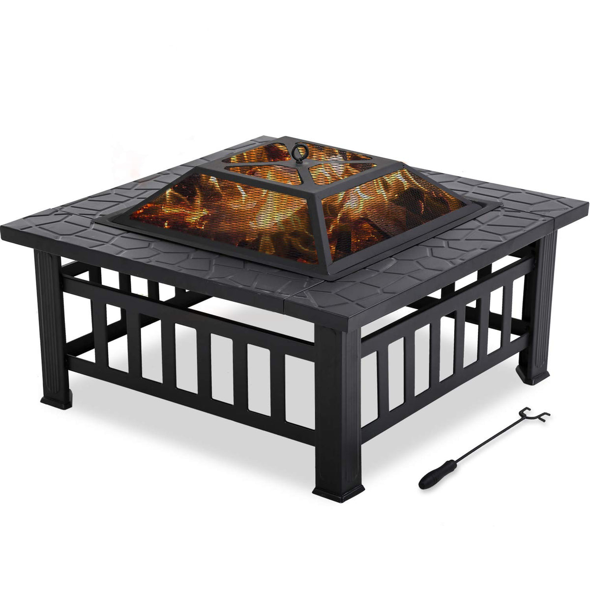 32'' Black Metal Square Wood Burning Fire Pit with Spark Screen Cover, Log Grate, Poker I86214
