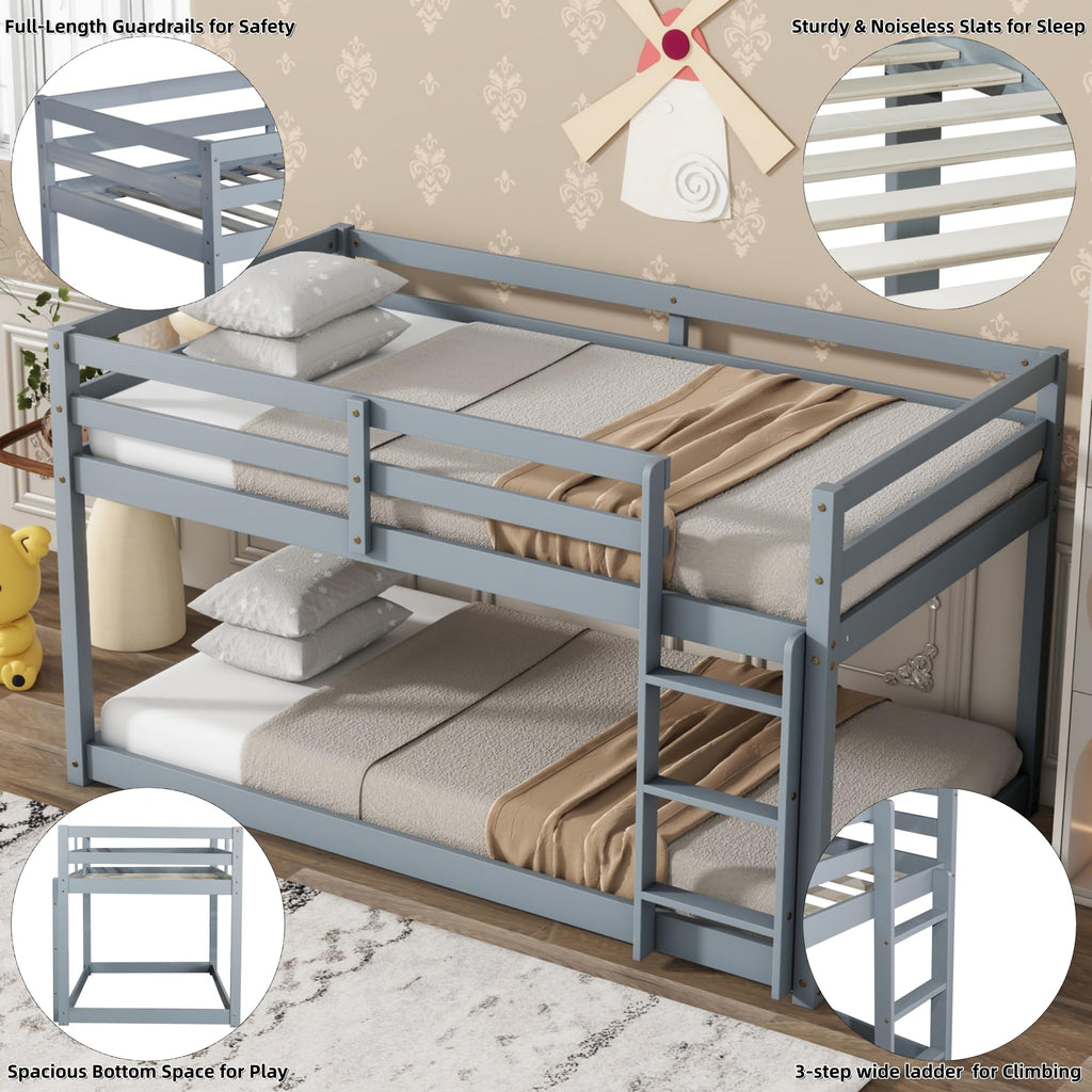 Twin Over Twin Solid Wood Bunk Bed with Ladder and Guardrails Y753