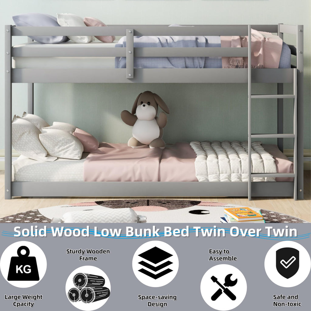 Twin Over Twin Solid Wood Bunk Bed with Ladder and Guardrails Y753
