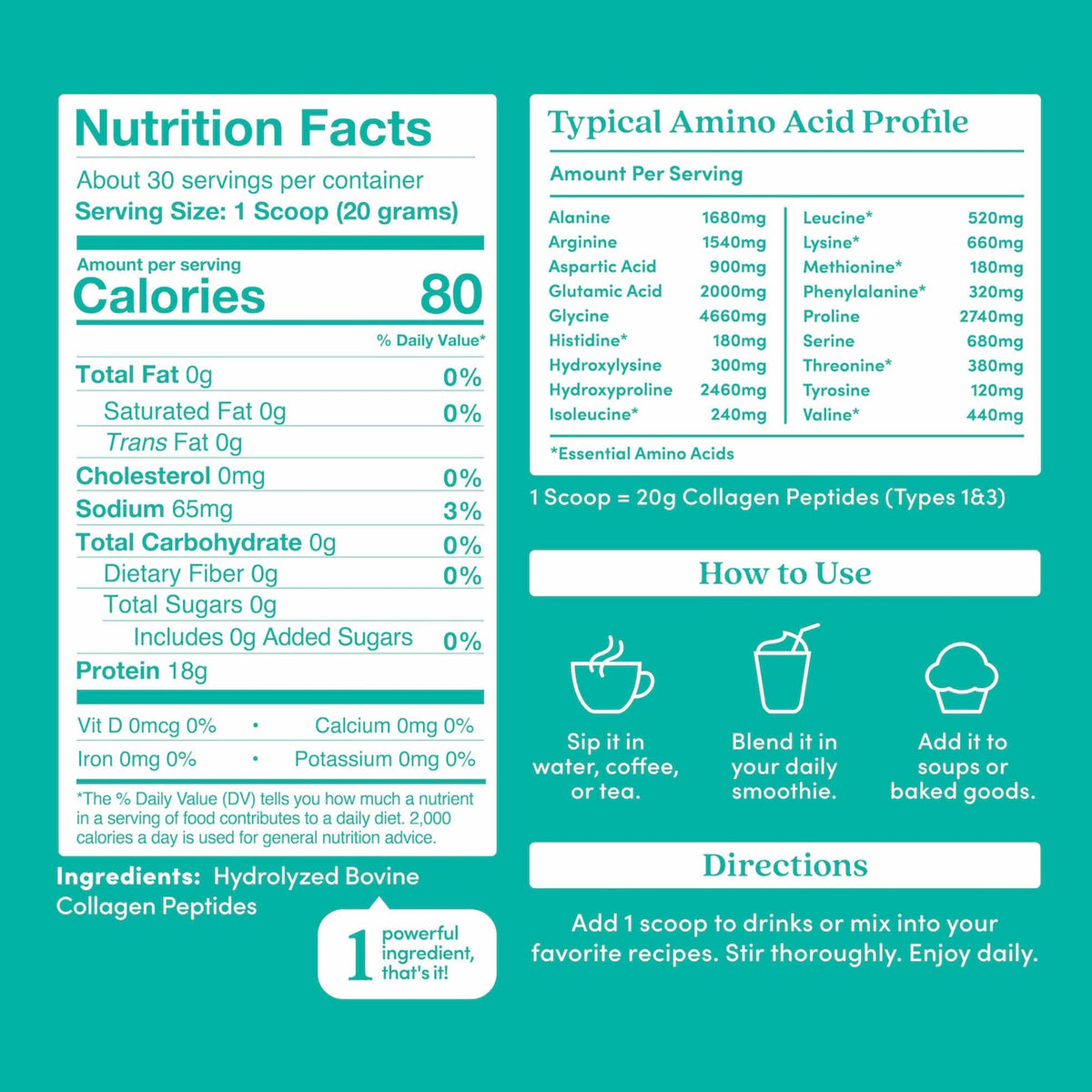 Unflavored Grass-Fed Collagen Peptides Powder 21.16 Oz R4894