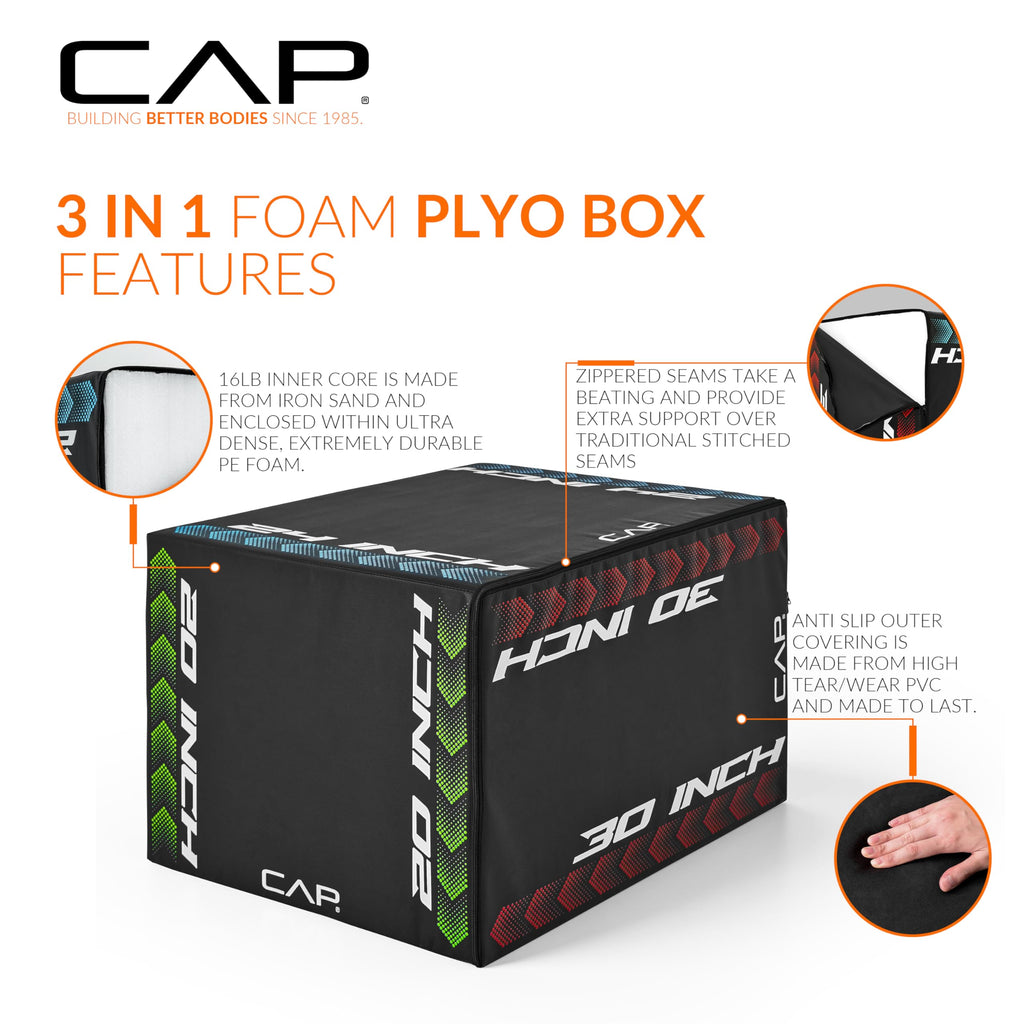 3-in-1 Foam Plyometric Jump Box, 20/24/28-Inch Heights, Black B597183
