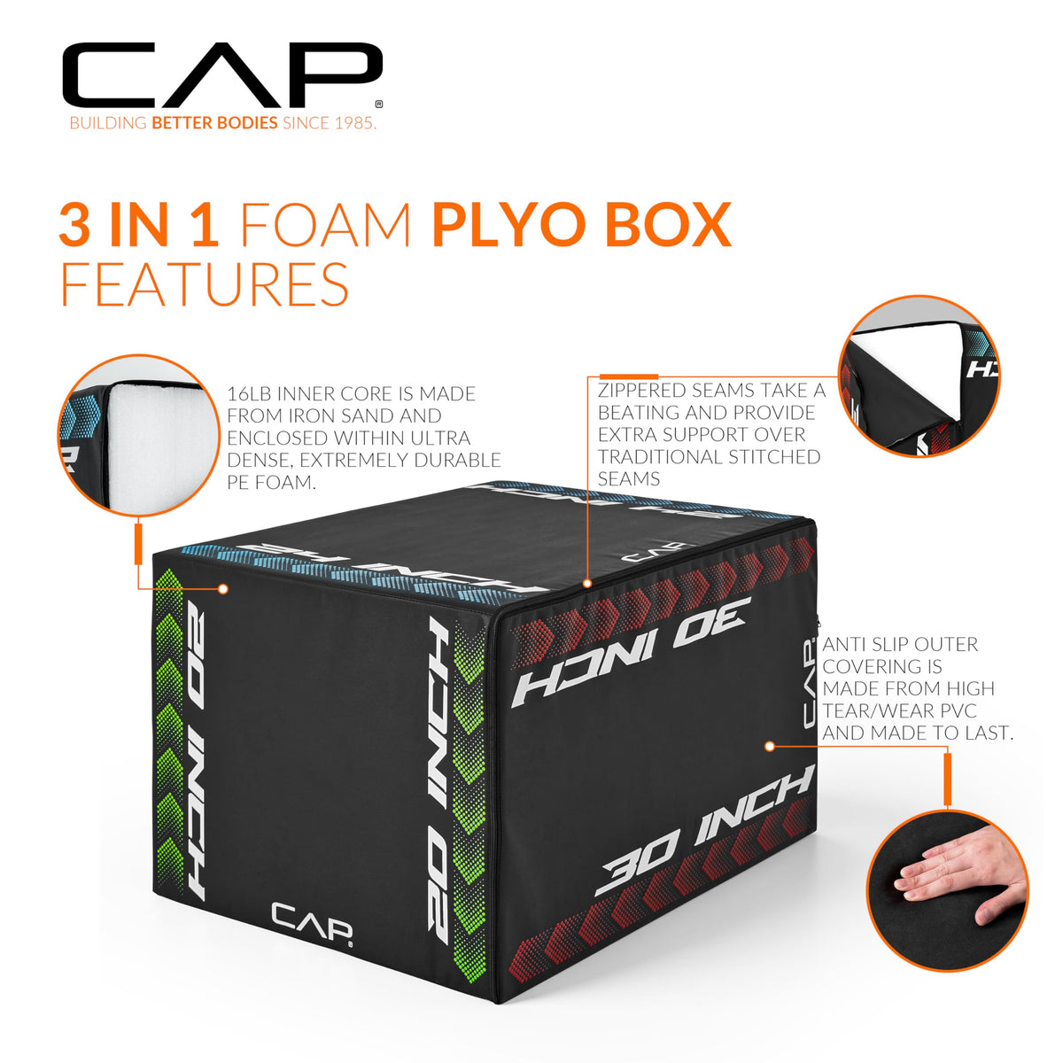 3-in-1 Foam Plyometric Jump Box, 20/24/28-Inch Heights, Black B597183