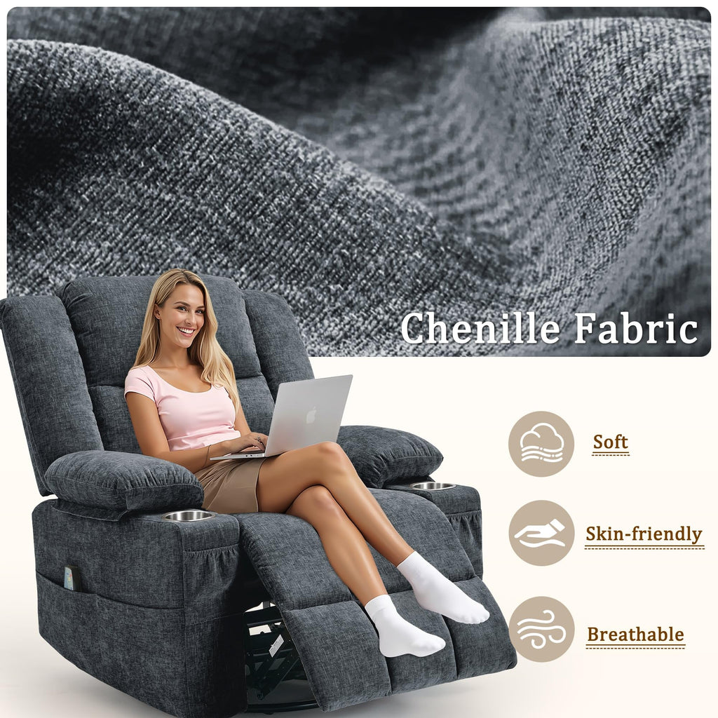 Fabric Dark Gray Swivel Rocker Recliner with Cup Holder S296