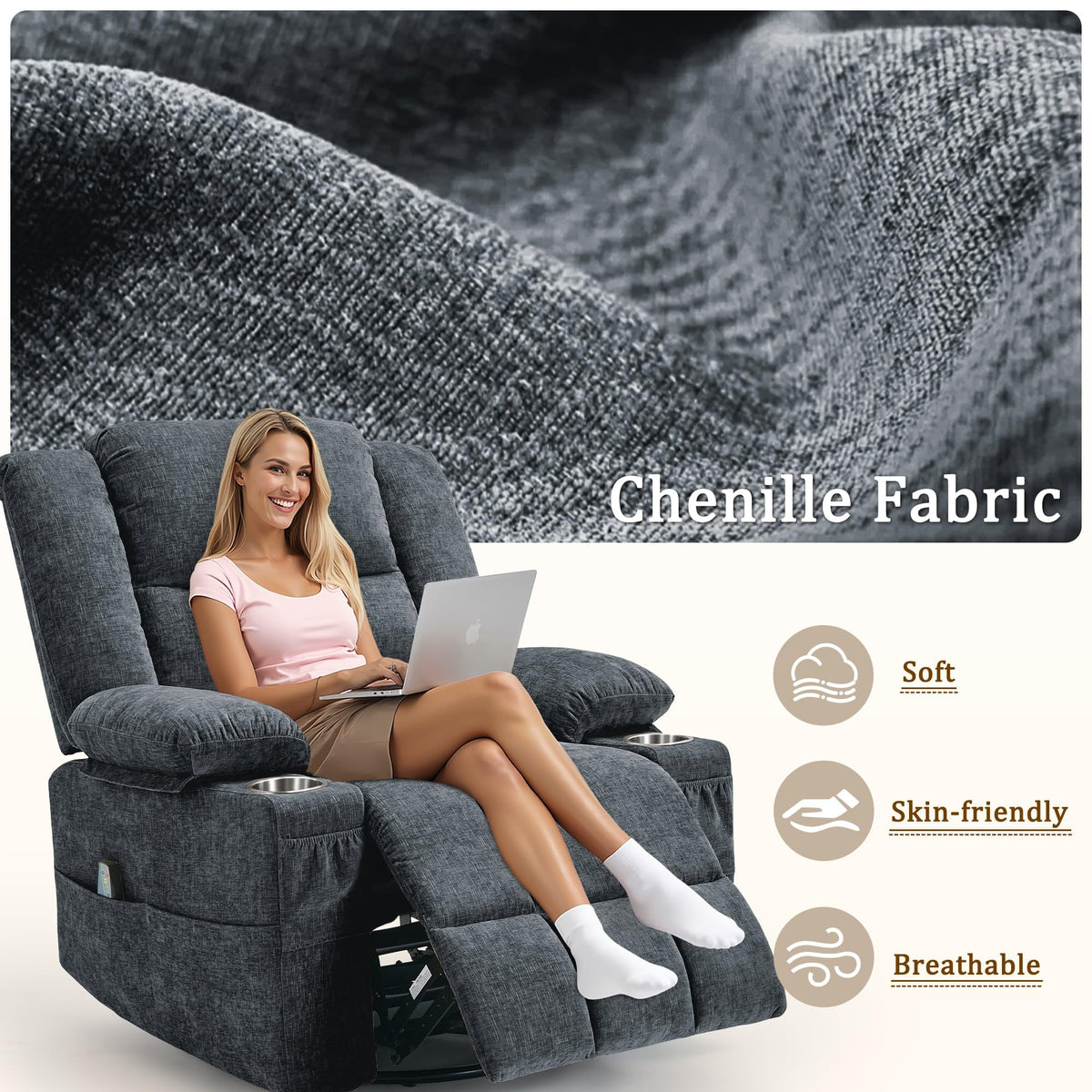 Fabric Dark Gray Swivel Rocker Recliner with Cup Holder S296