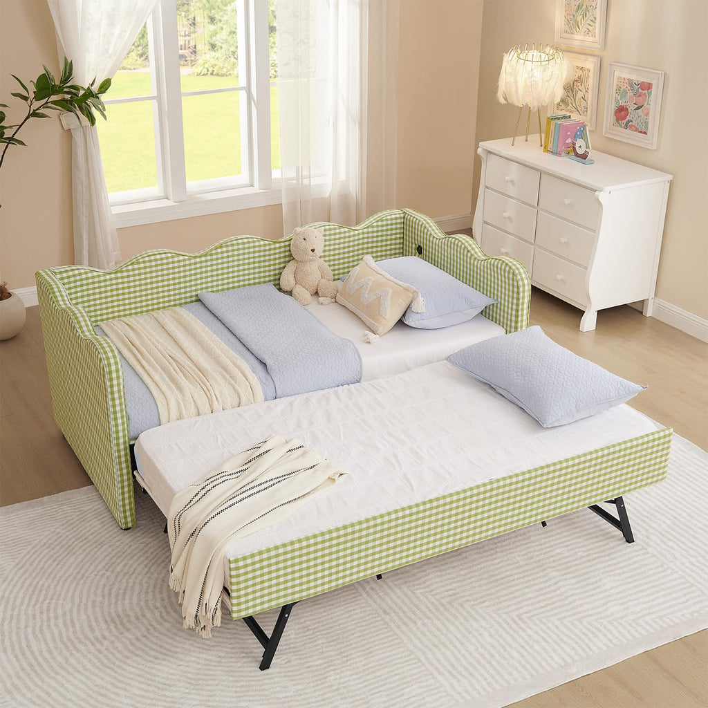 81-inch Twin to King Size Gingham Linen Upholstered Daybed with USB Charging Ports V849