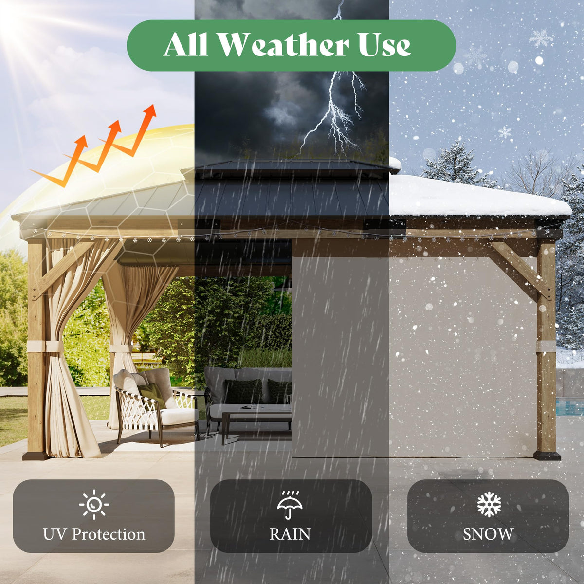 12x14FT Hardtop Gazebo with Double Roof, Privacy Curtain & Netting O743059