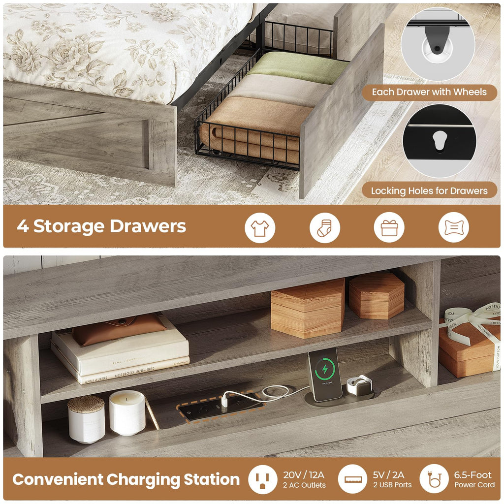 Twin Bed with Bookcase Headboard and 4 Drawers X78937