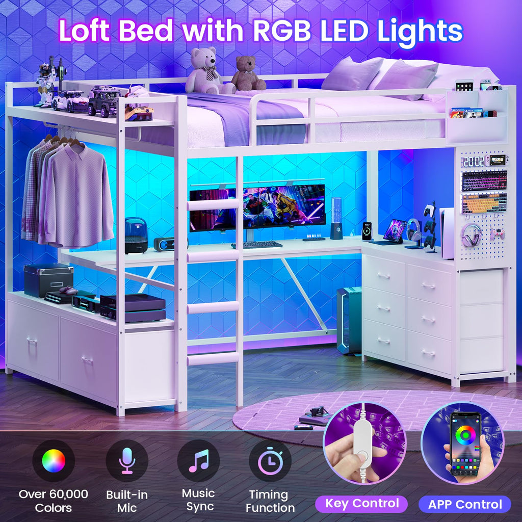 White Twin Loft Bed with L-Shaped Desk and 8 Storage Drawers T83971