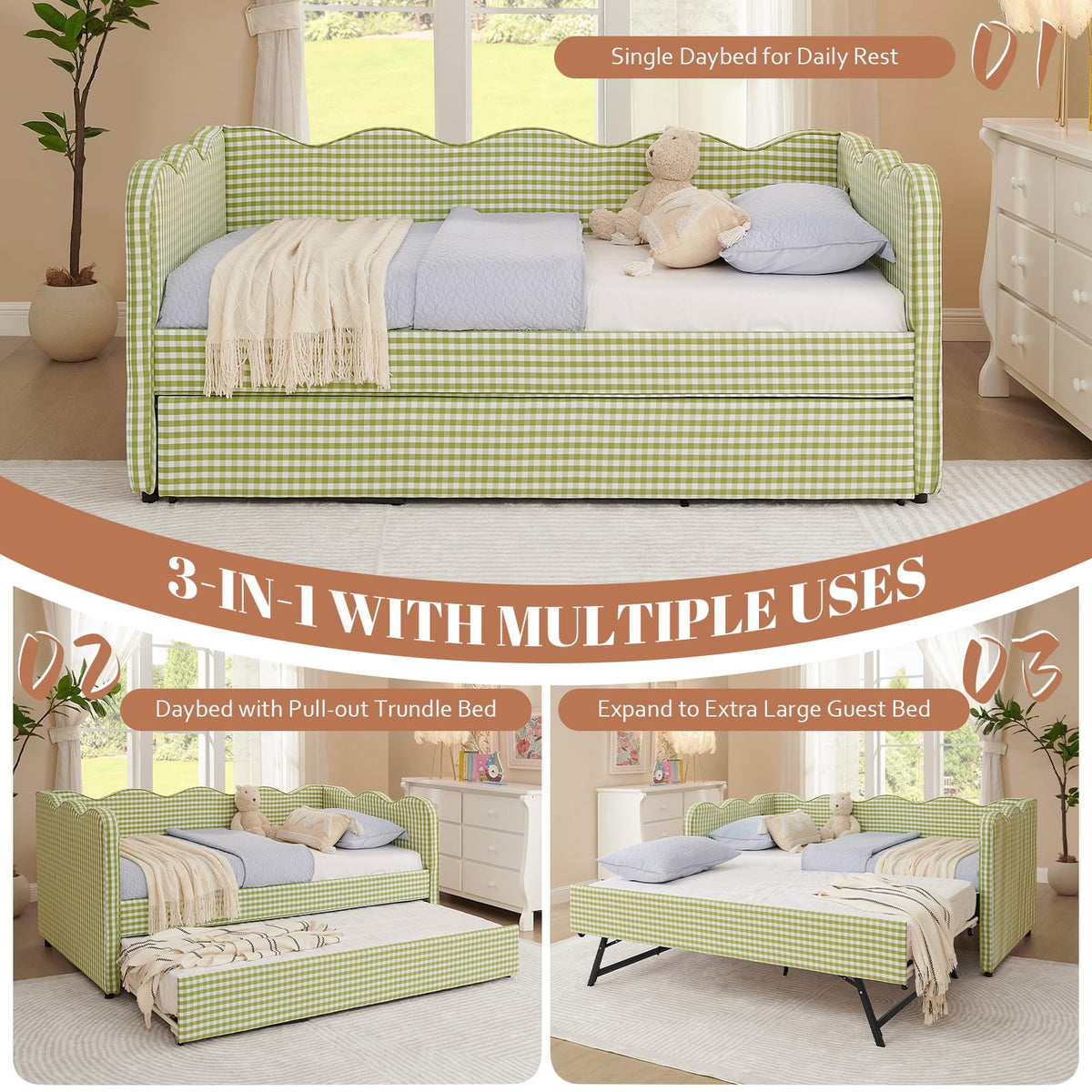 81-inch Twin to King Size Gingham Linen Upholstered Daybed with USB Charging Ports V849