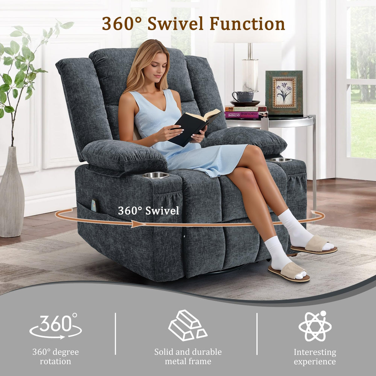 Fabric Dark Gray Swivel Rocker Recliner with Cup Holder S296