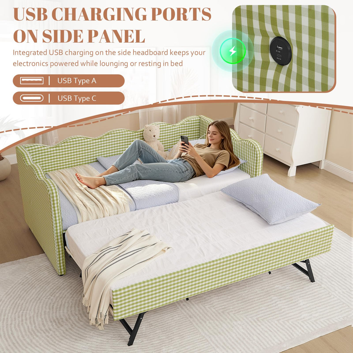 81-inch Twin to King Size Gingham Linen Upholstered Daybed with USB Charging Ports V849