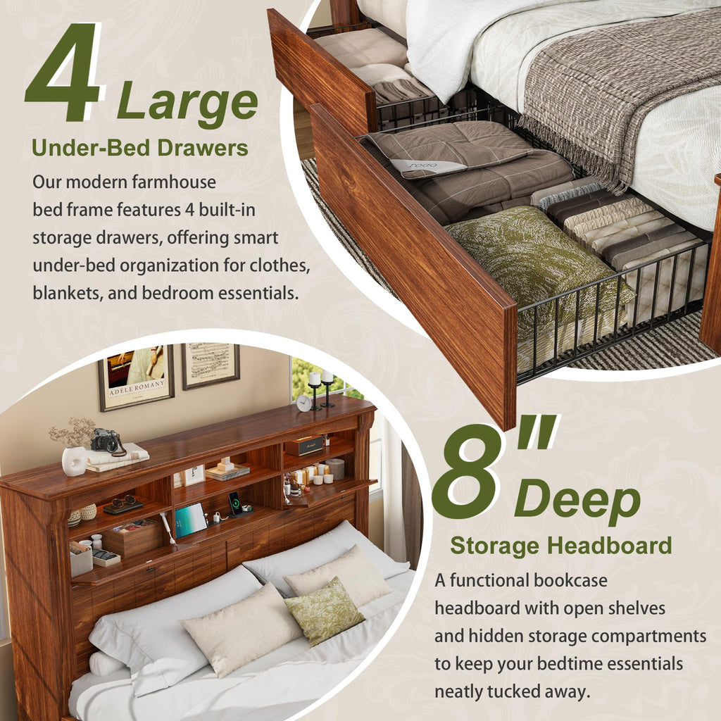 Full Size Bed Frame with Storage Headboard and 4 Drawers L99782