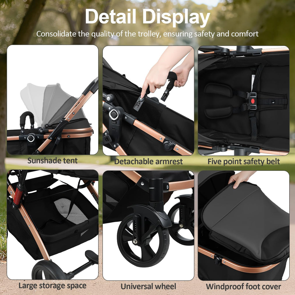 2 in 1 Convertible Bassinet Stroller with Reversible Seat UPF Canopy Black F107558