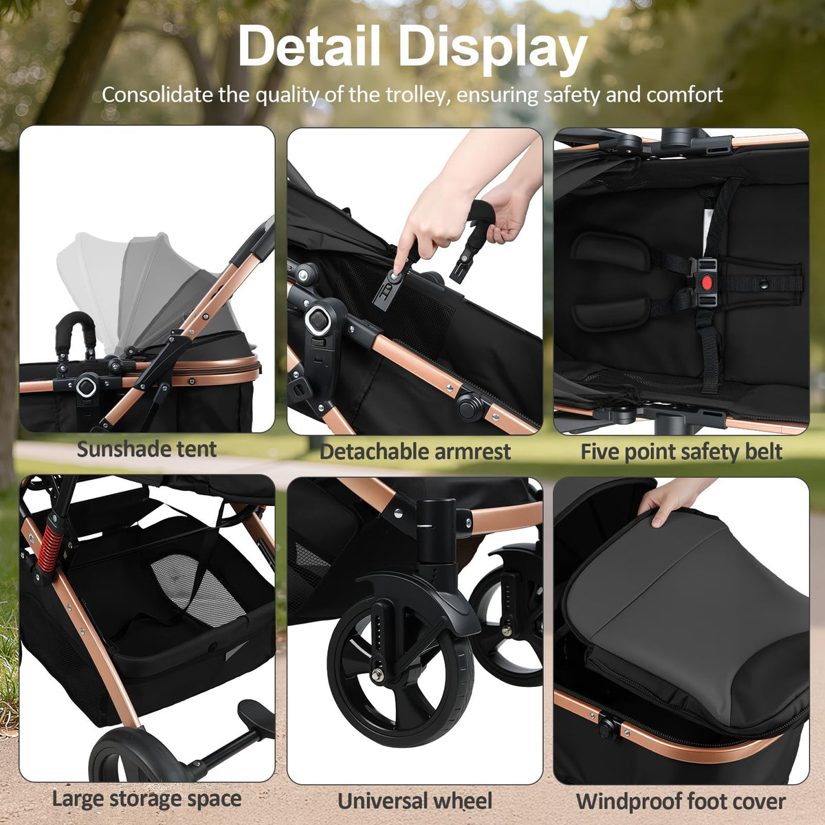 2 in 1 Convertible Bassinet Stroller with Reversible Seat UPF Canopy Black F107558