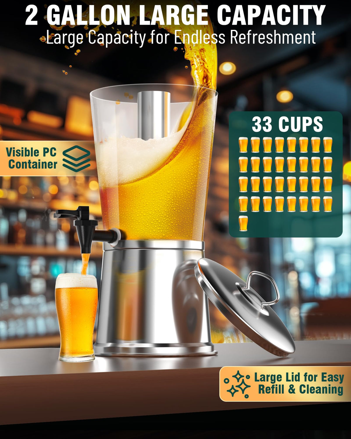 Stainless Steel Beverage Dispenser with Stand, 2 Gallons E4226