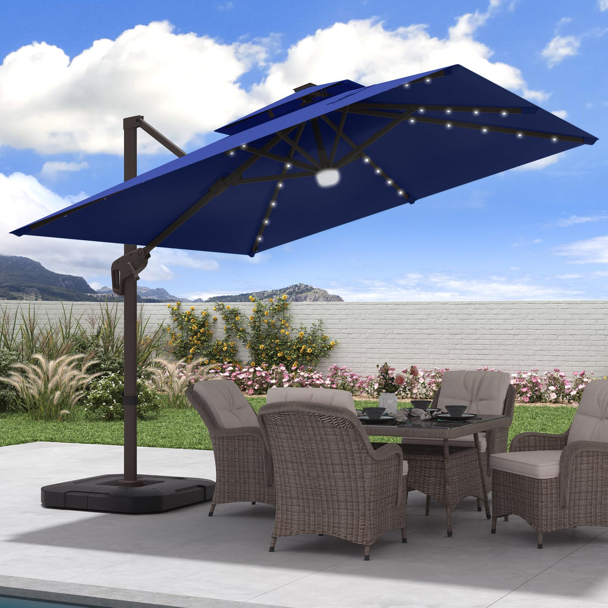9x9 FT Cantilever Offset Patio Umbrella with Lights & Base T7183