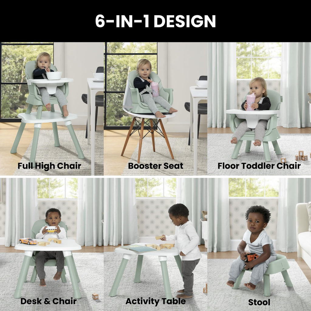 6-in-1 High Chair Converts to Stool Booster Seat Toddler Chair Activity Table and Desk and Chair Sage Green G7733