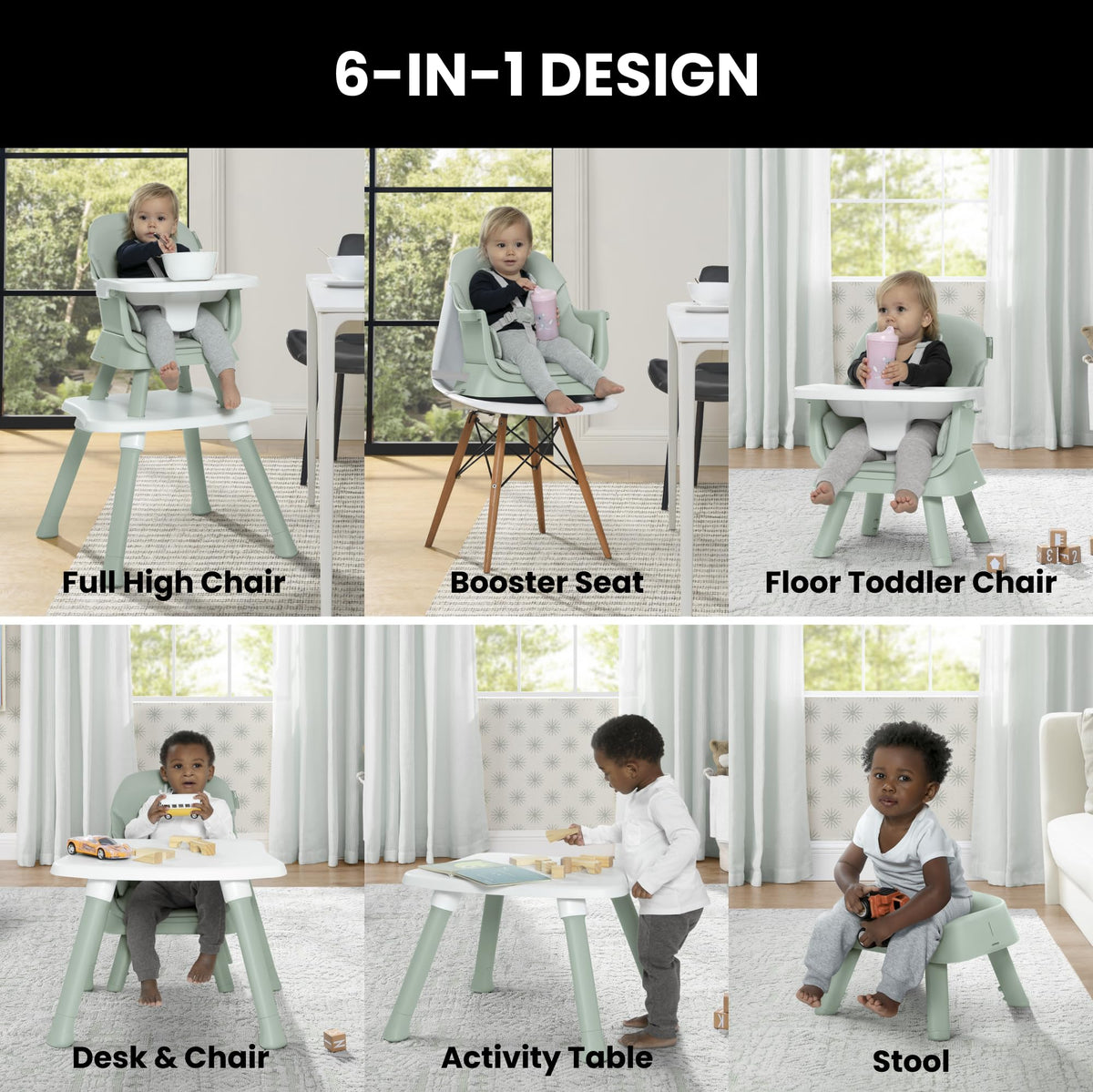 6-in-1 High Chair Converts to Stool Booster Seat Toddler Chair Activity Table and Desk and Chair Sage Green G7733
