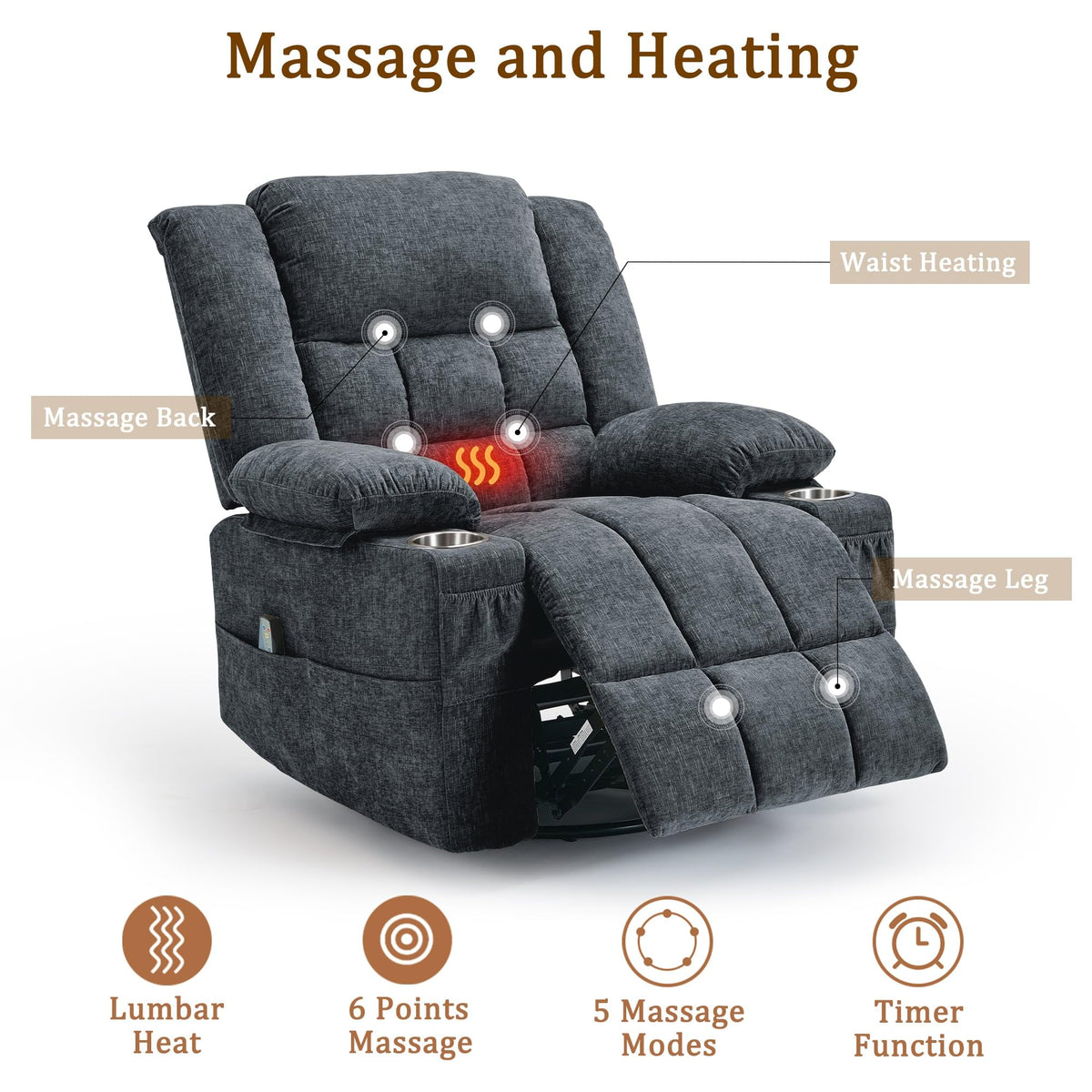 Fabric Dark Gray Swivel Rocker Recliner with Cup Holder S296