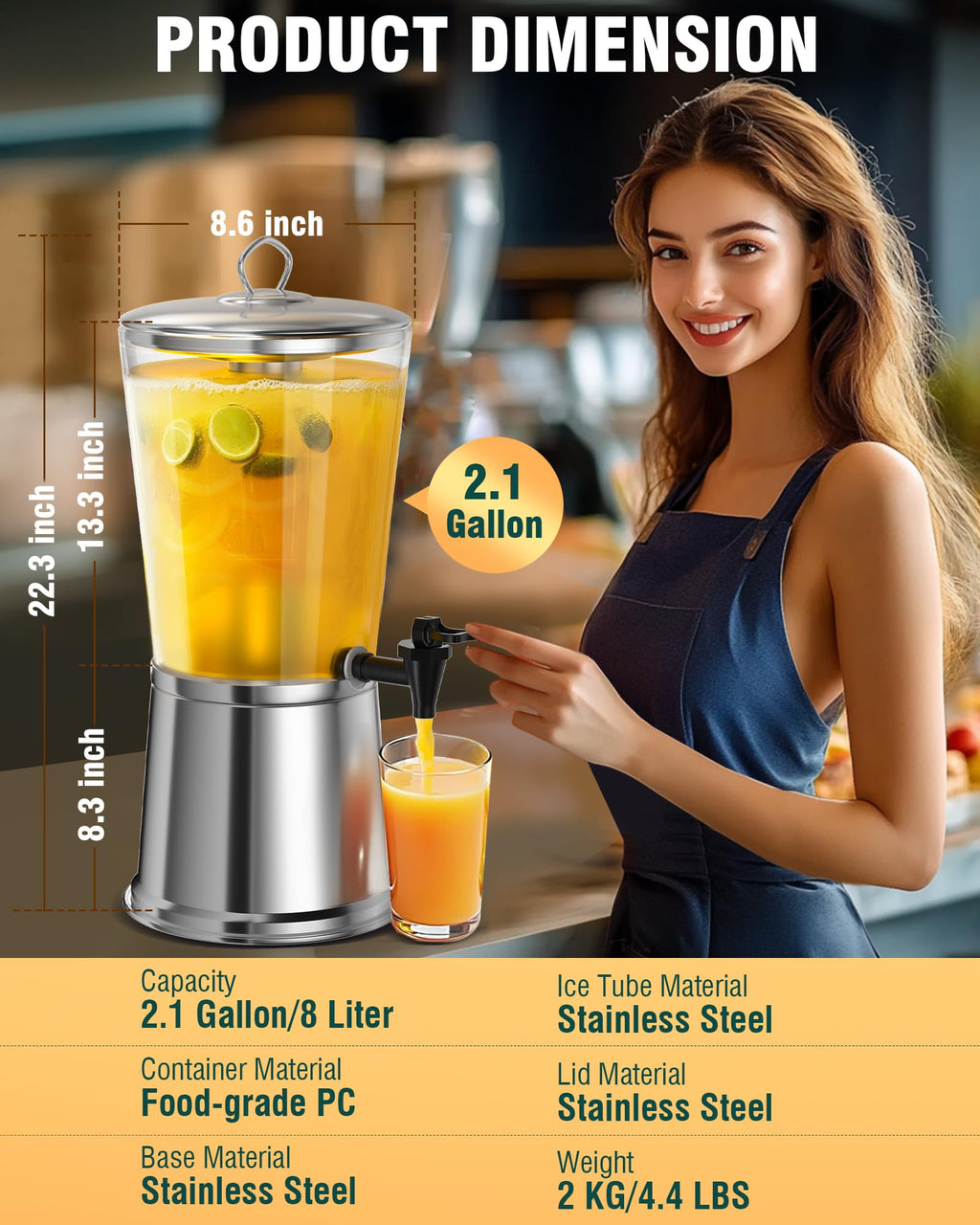 Stainless Steel Beverage Dispenser with Stand, 2 Gallons E4226