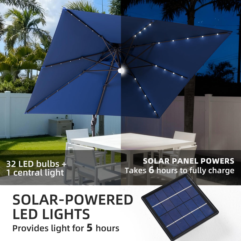 9x9 FT Cantilever Offset Patio Umbrella with Lights & Base T7183