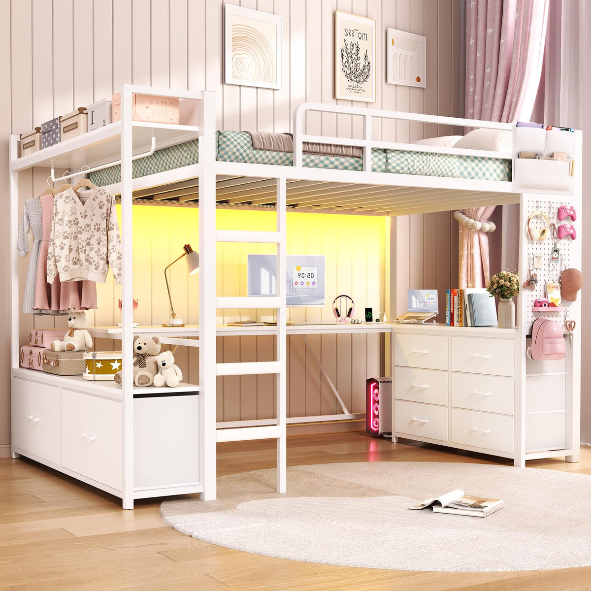 White Twin Loft Bed with L-Shaped Desk and 8 Storage Drawers T83971