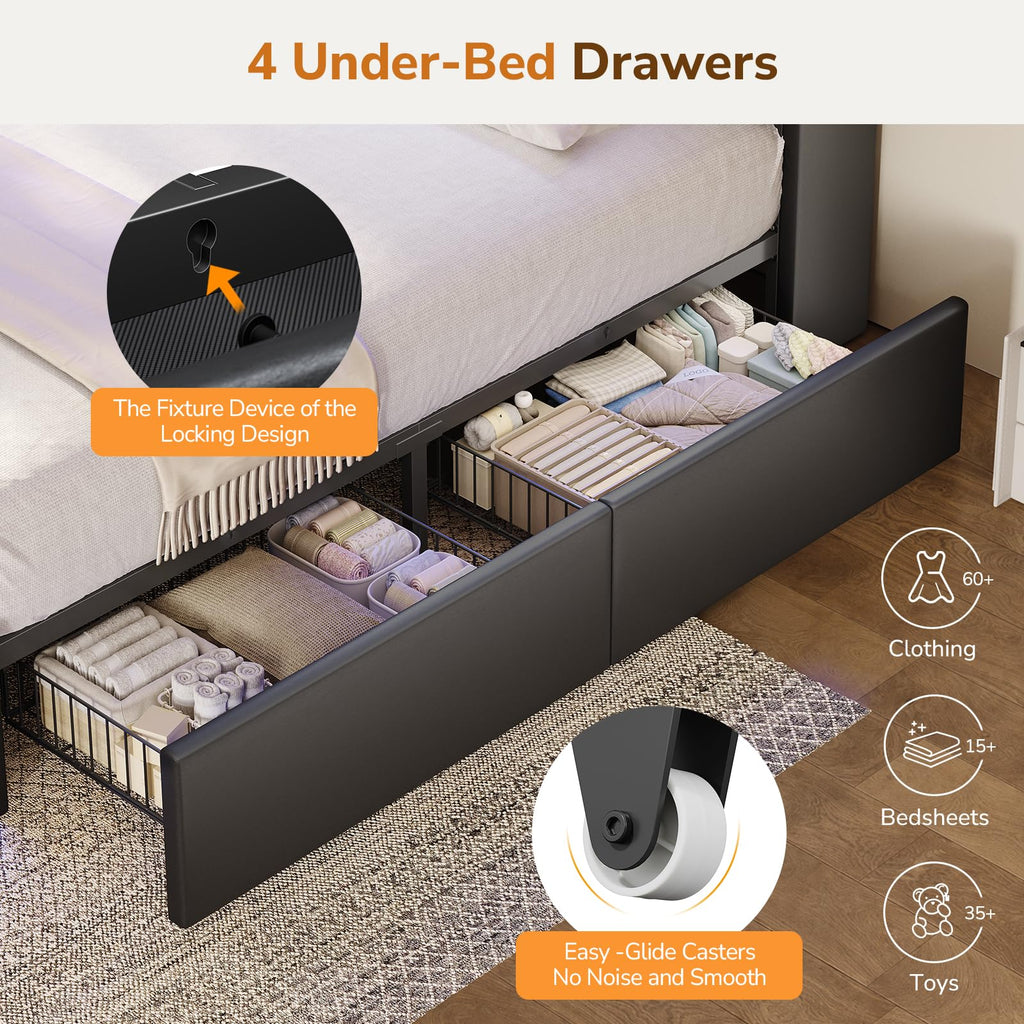 Full Size Bed Frame with 4 Drawers and Storage Headboard, Black H239189