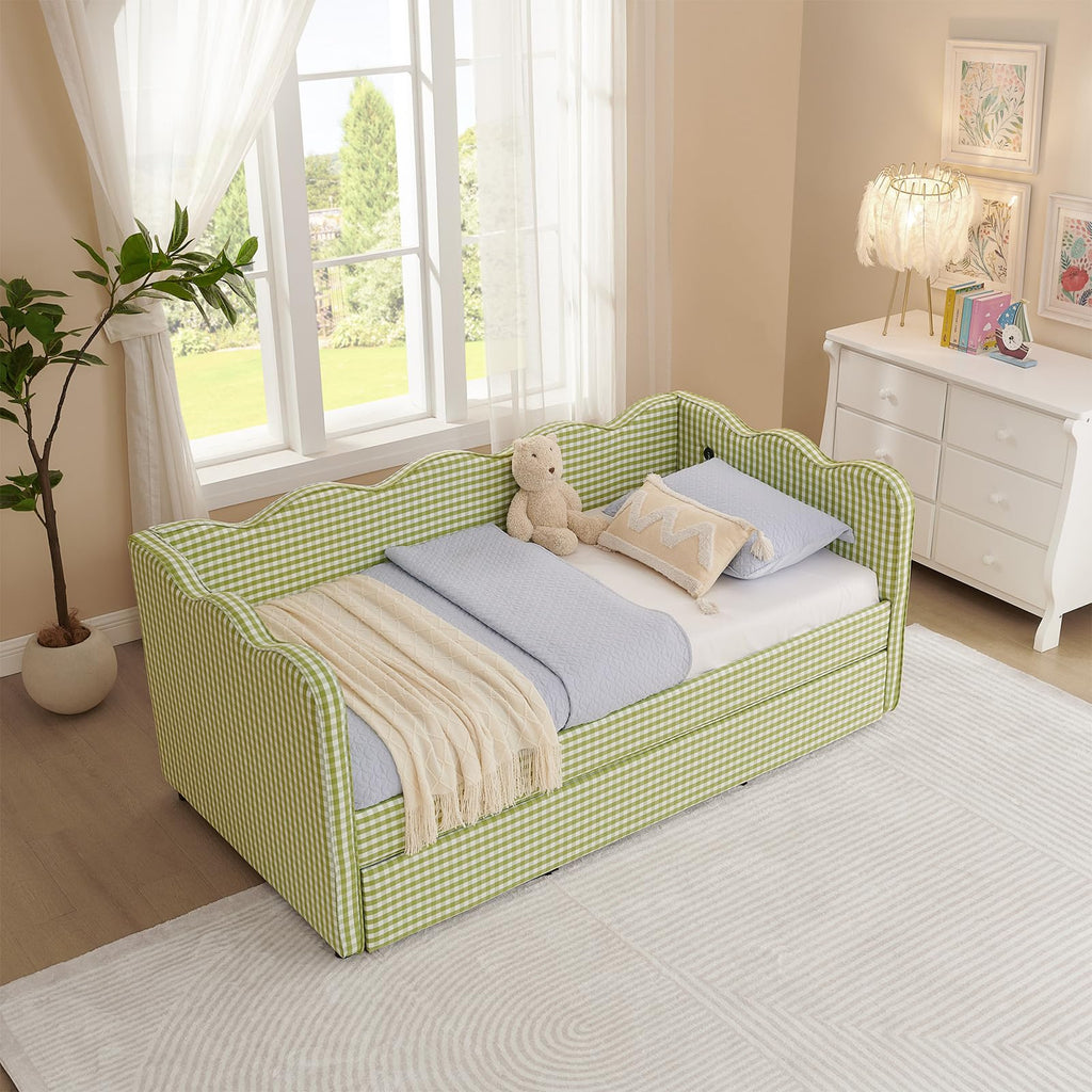 81-inch Twin to King Size Gingham Linen Upholstered Daybed with USB Charging Ports V849