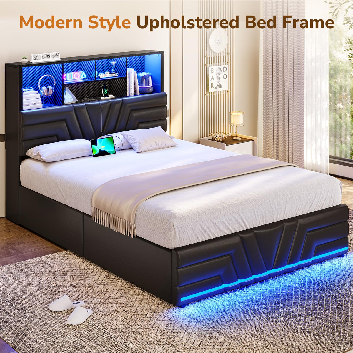 Full Size Bed Frame with 4 Drawers and Storage Headboard, Black H239189