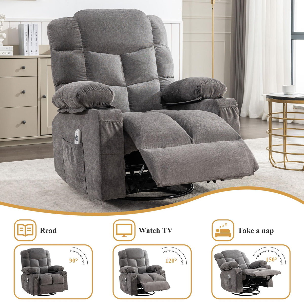 Swivel Rocker Recliner Chair with Massage and Heat F2566