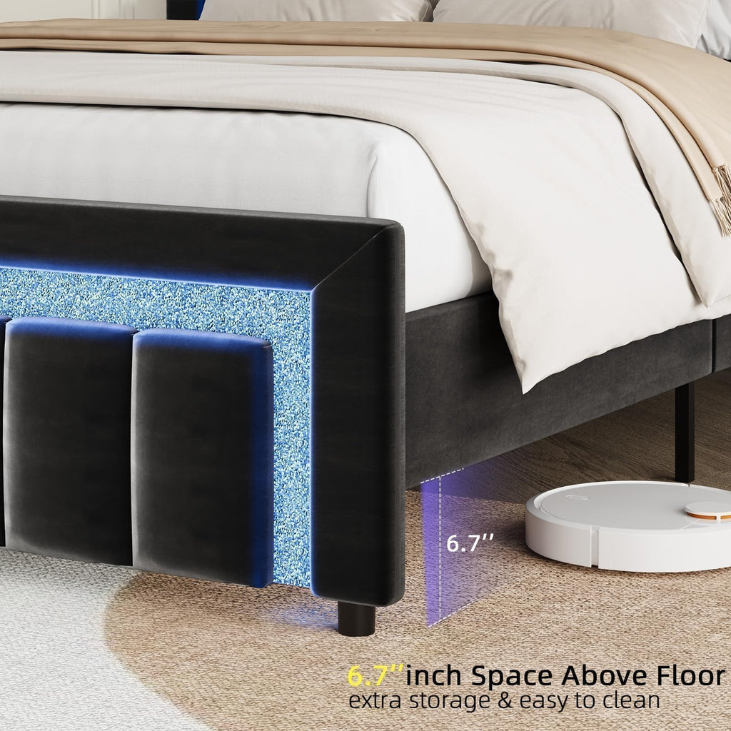 Full Size Velvet Upholstered Bed Frame with LED Lights C532316