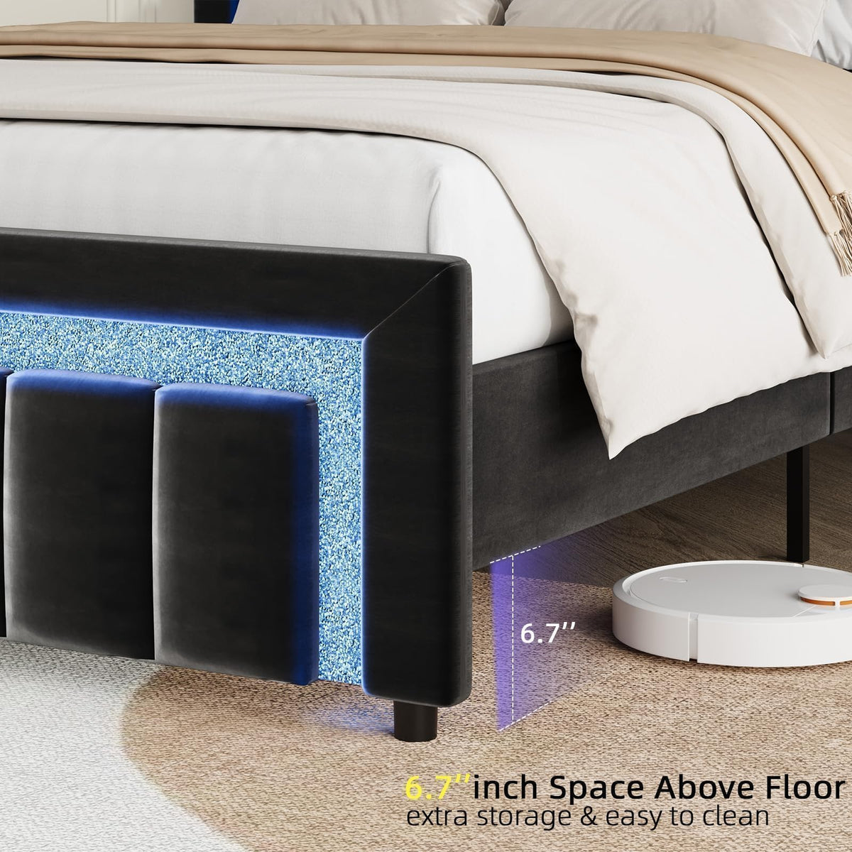 Full Size Velvet Upholstered Bed Frame with LED Lights C532316