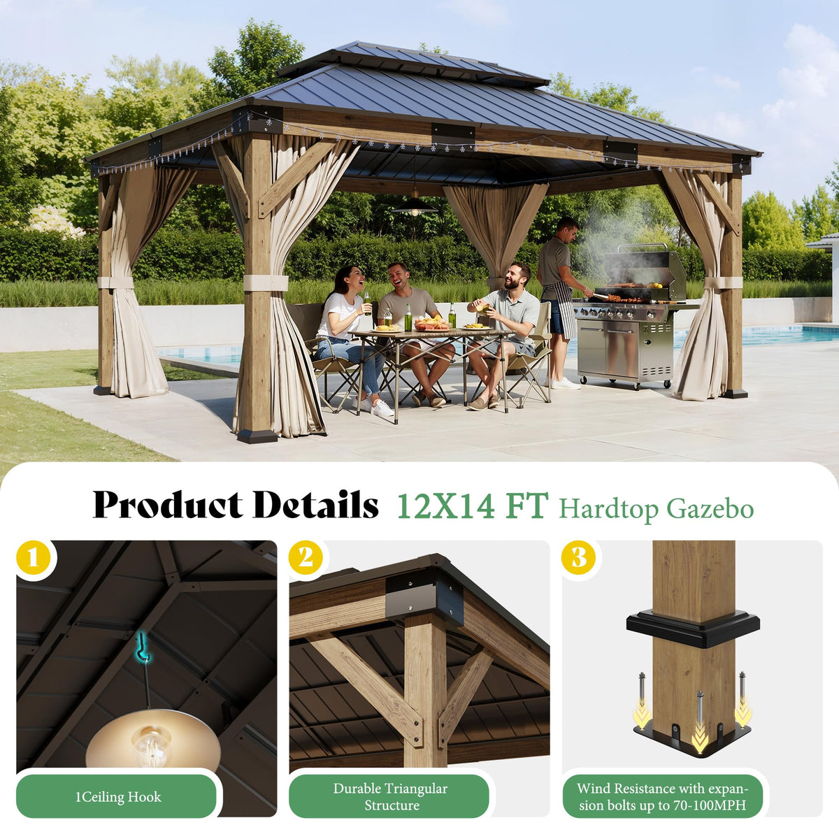 12x14FT Hardtop Gazebo with Double Roof, Privacy Curtain & Netting O743059