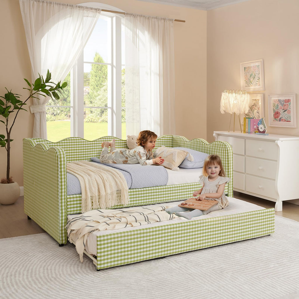 81-inch Twin to King Size Gingham Linen Upholstered Daybed with USB Charging Ports V849