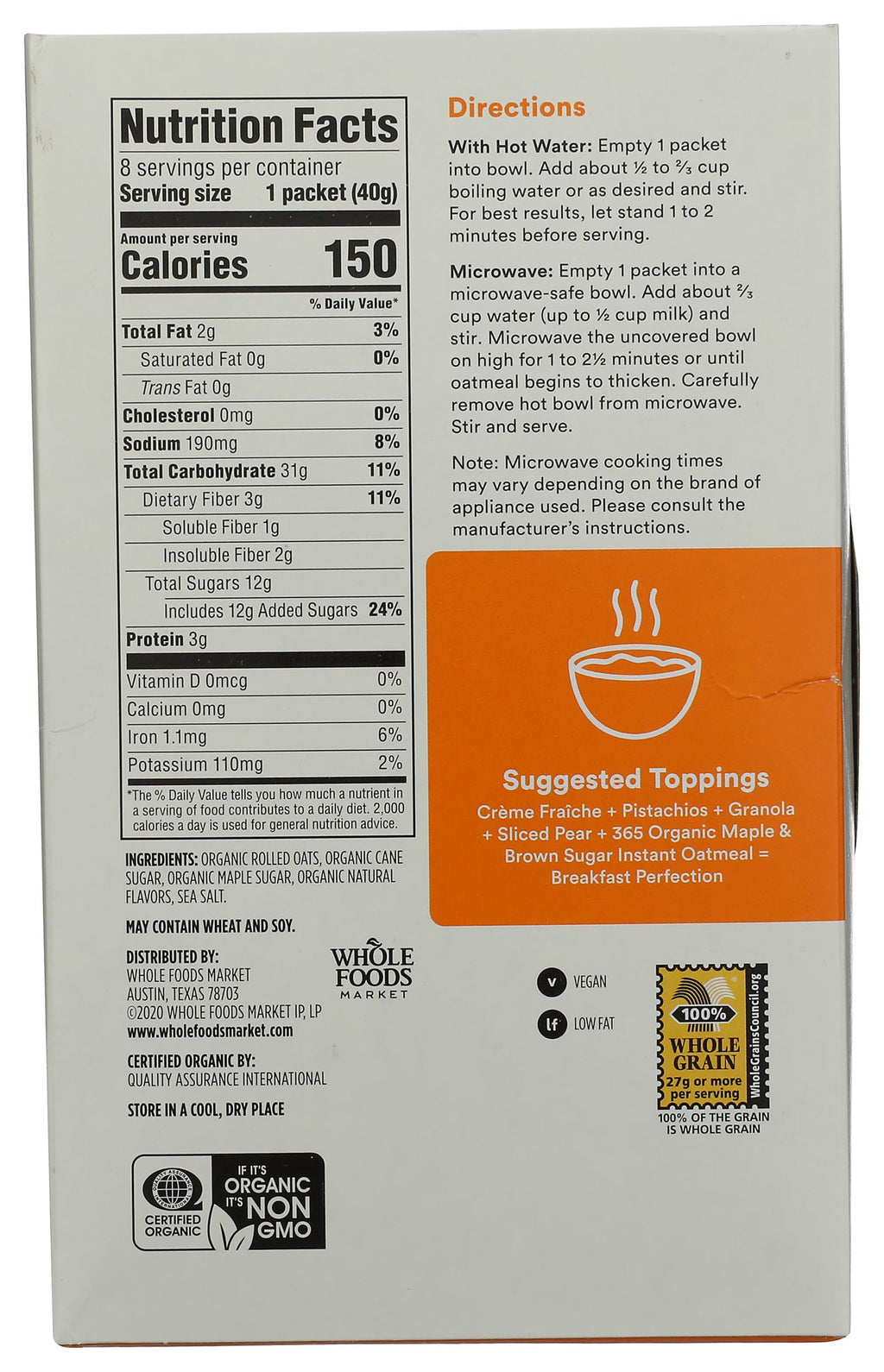 Organic Maple & Brown Sugar Instant Oatmeal Packets, 1.41 Ounce (Pack of 8) R34585