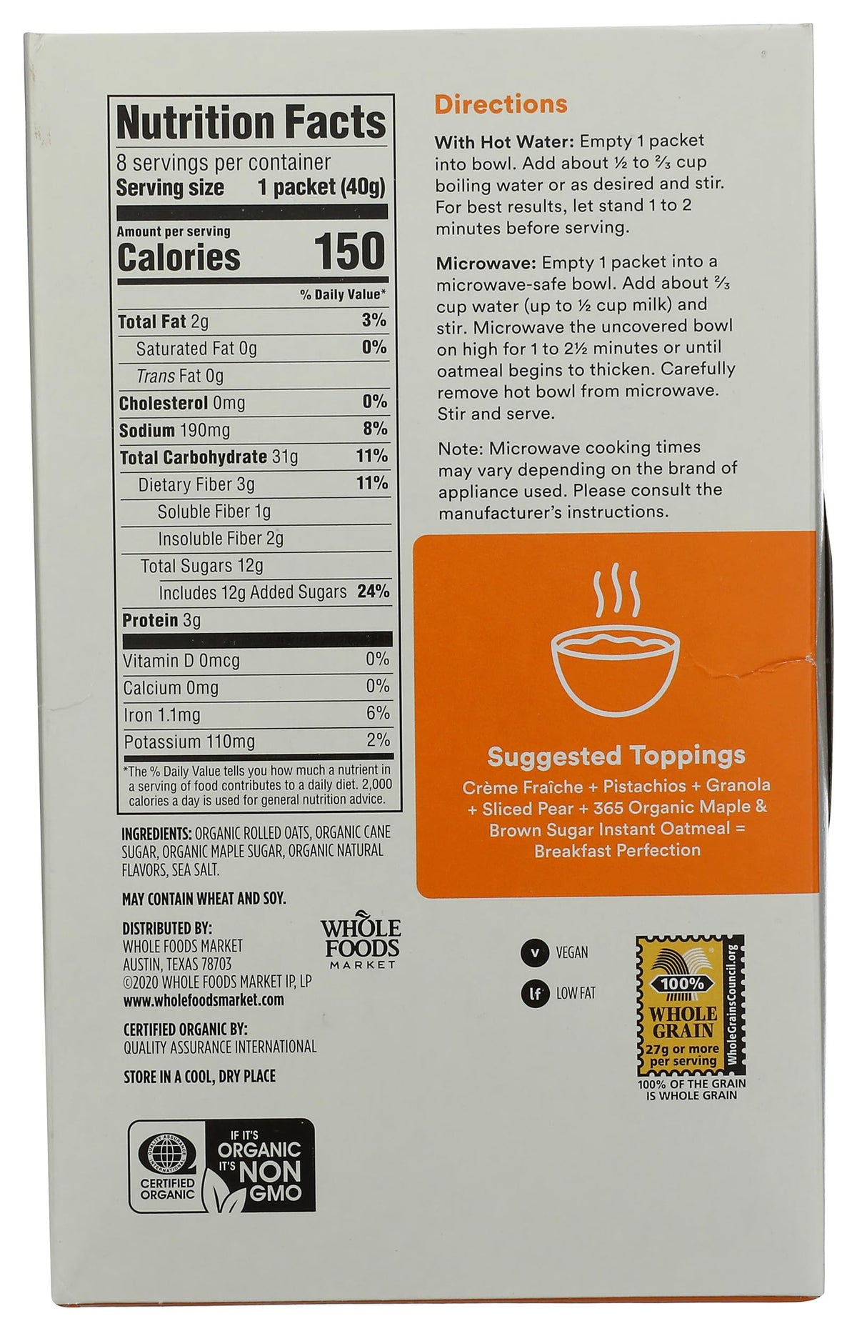 Organic Maple & Brown Sugar Instant Oatmeal Packets, 1.41 Ounce (Pack of 8) R34585