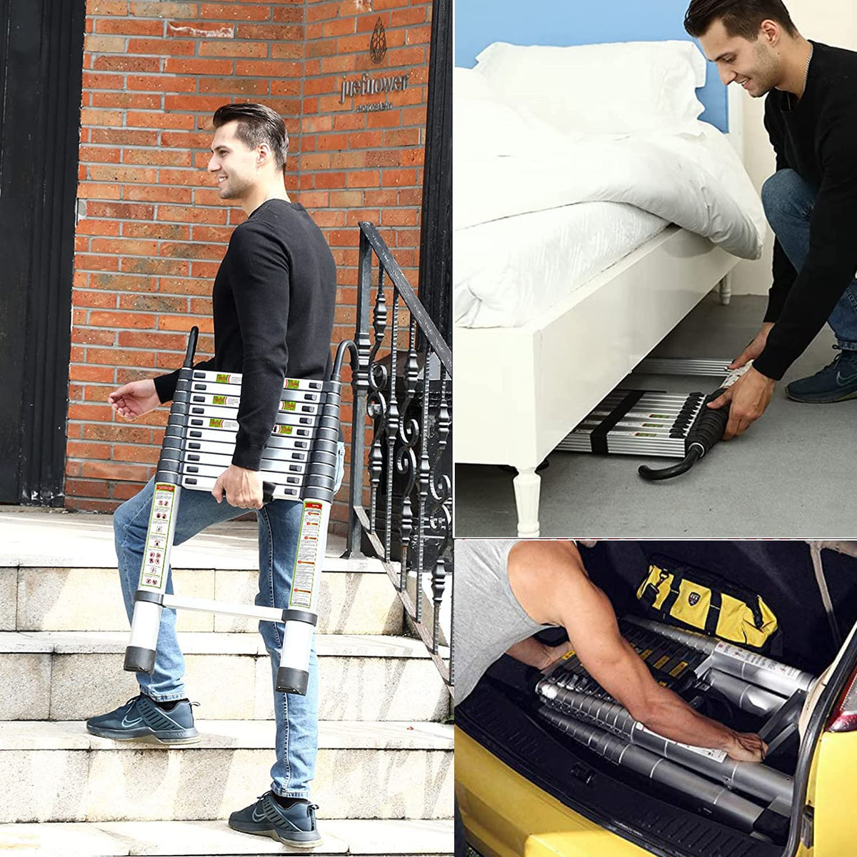 Aluminum Telescoping Ladder with Hooks, 20.3FT One Button Retraction 330lbs Capacity Q906597