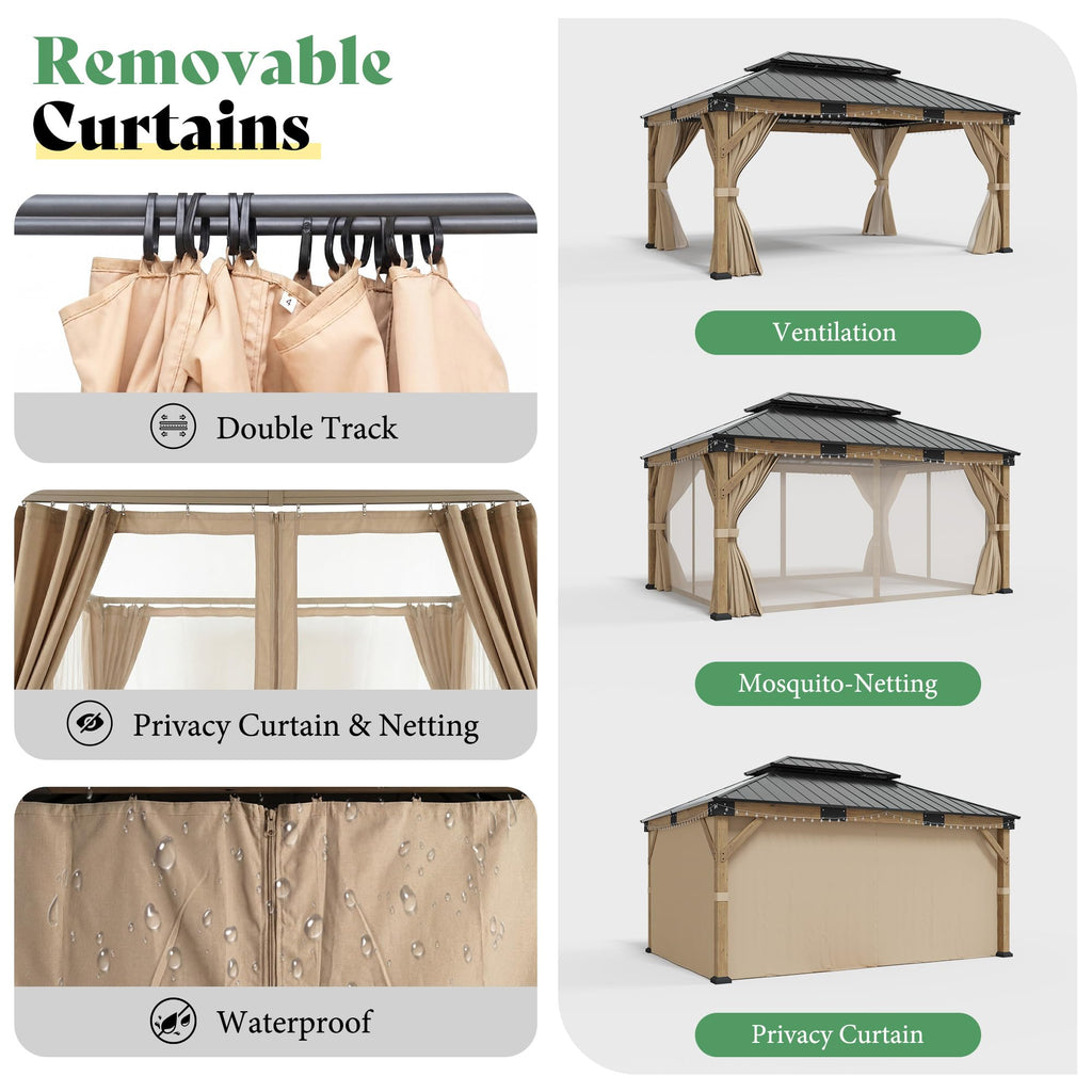 12x14FT Hardtop Gazebo with Double Roof, Privacy Curtain & Netting O743059