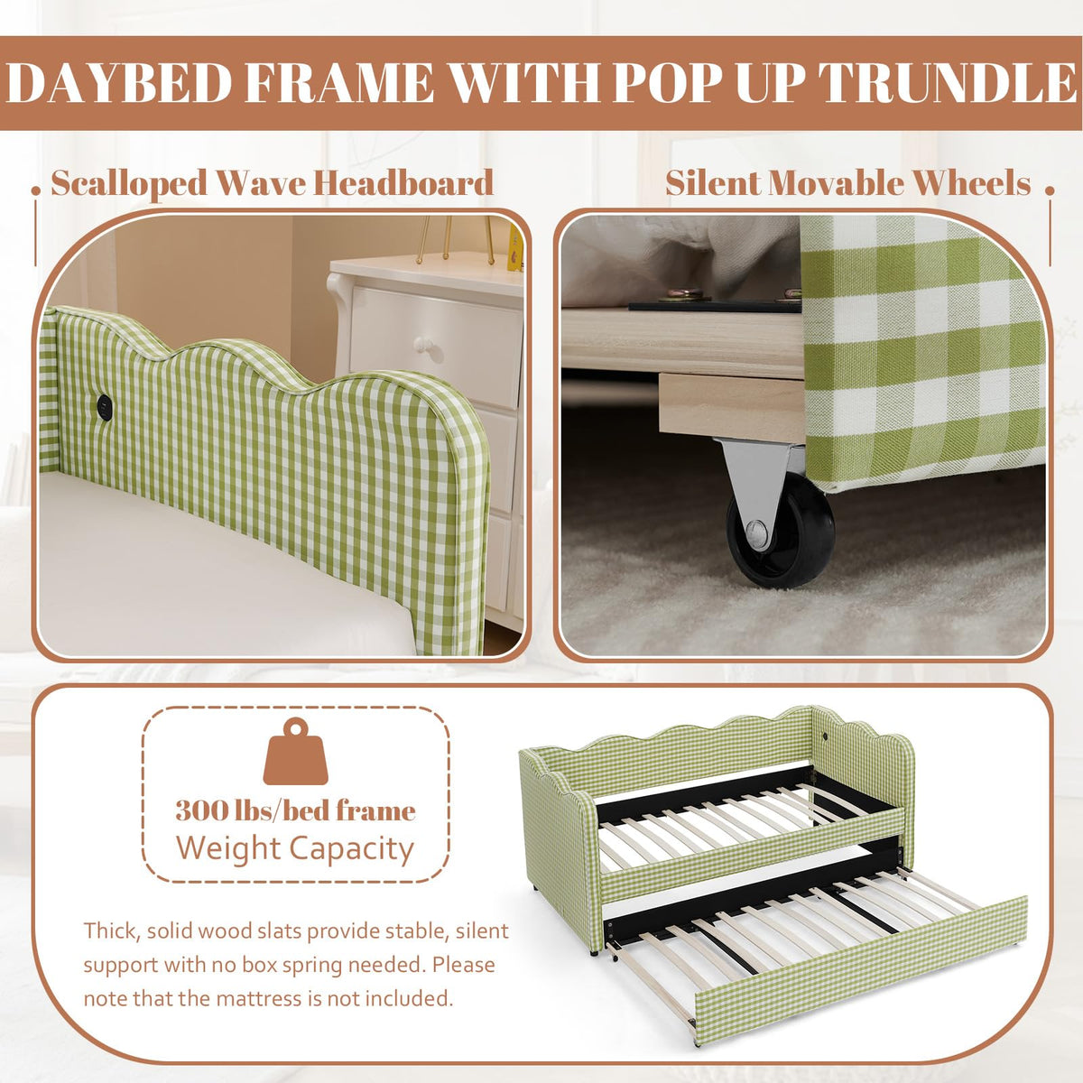 81-inch Twin to King Size Gingham Linen Upholstered Daybed with USB Charging Ports V849