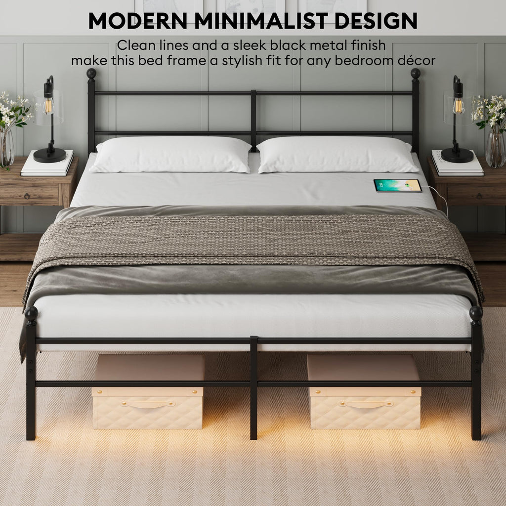Black King Size Metal Platform Bed Frame with Headboard U8037
