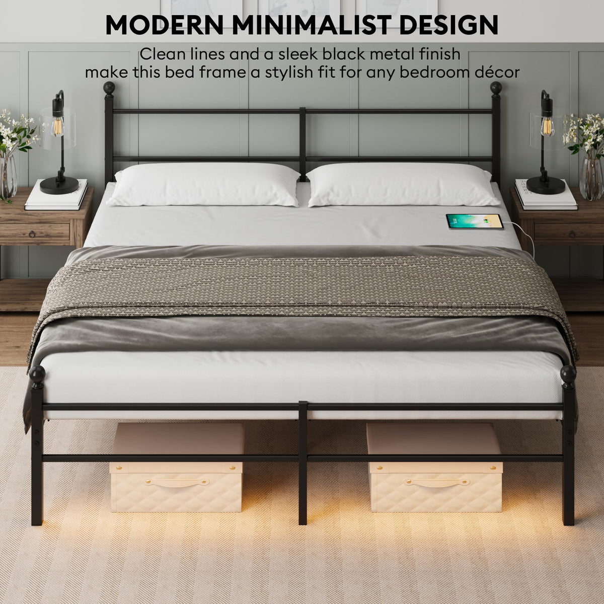 Black King Size Metal Platform Bed Frame with Headboard U8037